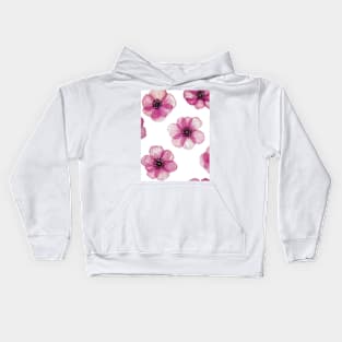 Transparent Pink Anemones watercolor print. Translucent Poppy flowers spring romantic composition Kids Hoodie